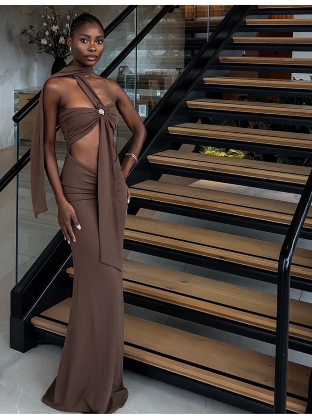 Peppermayo Chocolate Brown Cutout Maxi Dress with Draped Scarf Detail